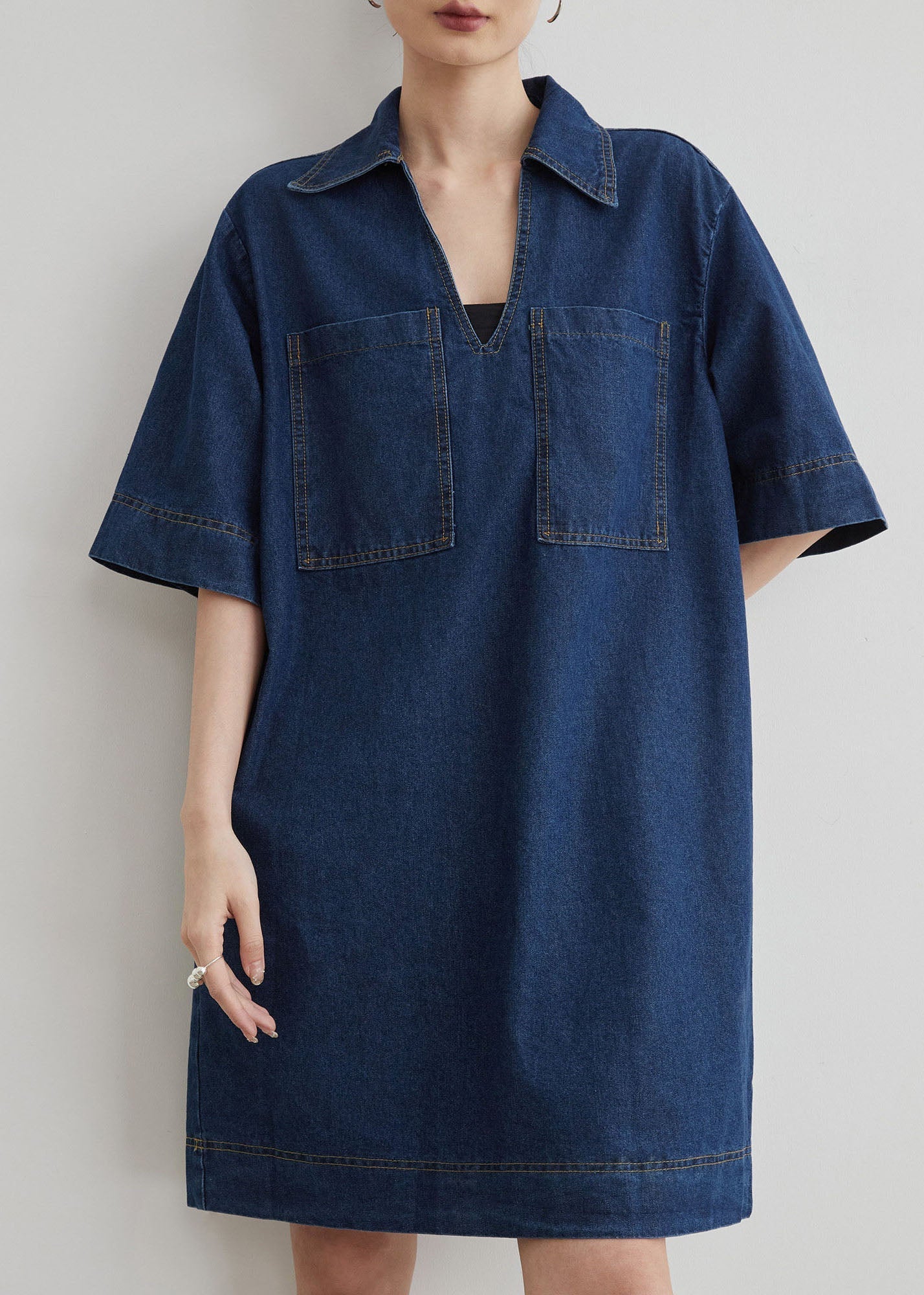 Blue Peter Pan Collar Pockets Denim T Shirt Dresses Summer