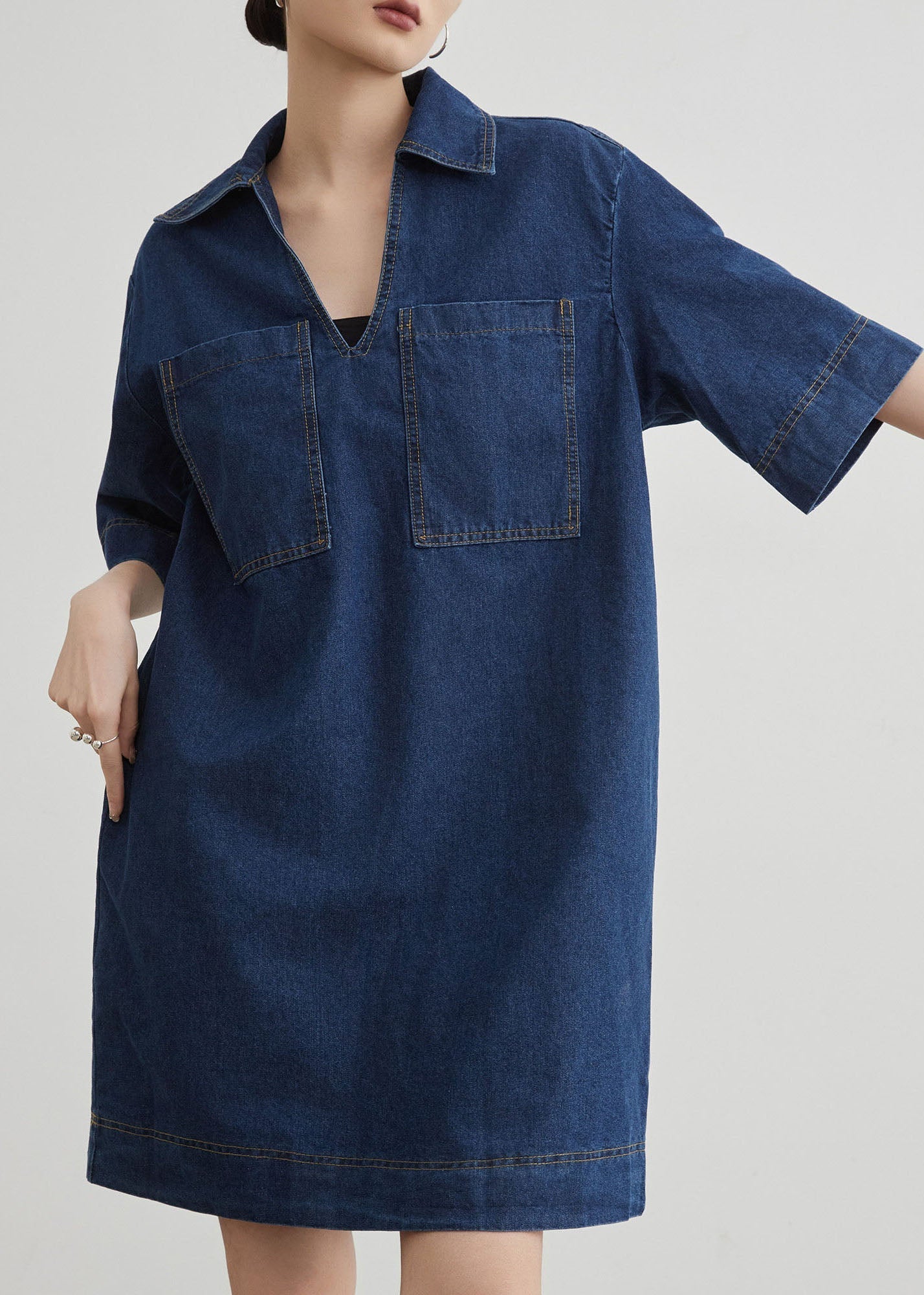 Blue Peter Pan Collar Pockets Denim T Shirt Dresses Summer