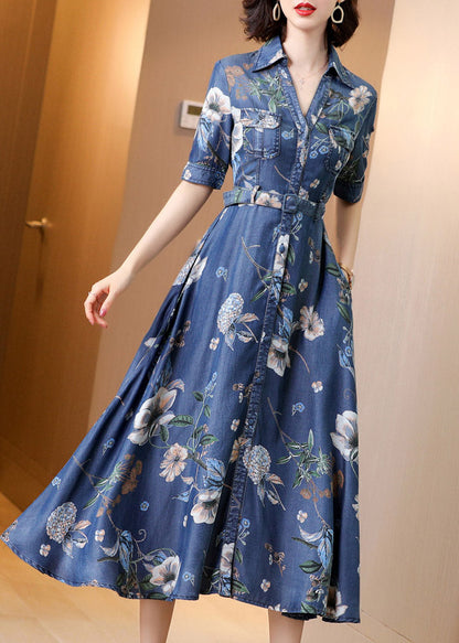 Blue Peter Pan Collar Print Button Sashes Denim Long Dress Short Sleeve