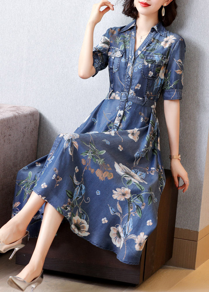 Blue Peter Pan Collar Print Button Sashes Denim Long Dress Short Sleeve