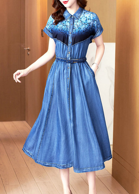Blue Peter Pan Collar Print Patchwork Button Sashes Cotton Vacation Denim Long Dresses Summer