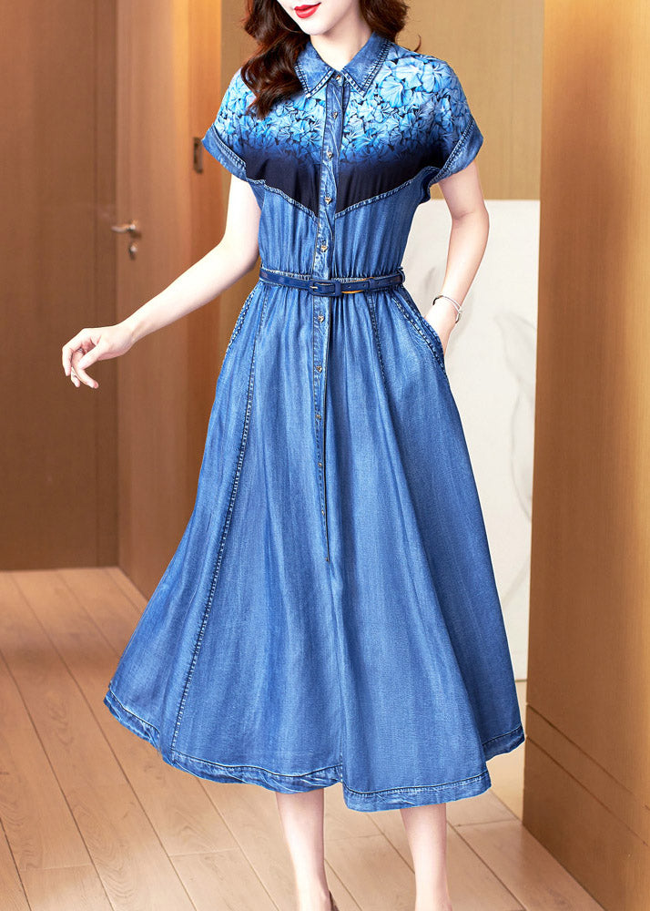 Blue Peter Pan Collar Print Patchwork Button Sashes Cotton Vacation Denim Long Dresses Summer