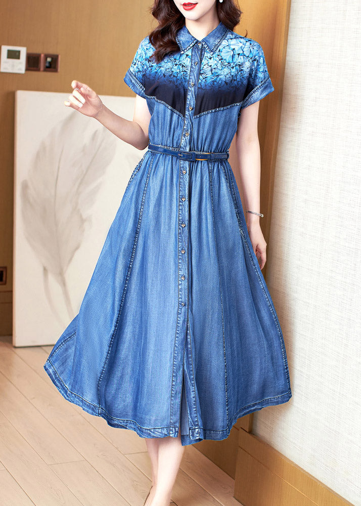 Blue Peter Pan Collar Print Patchwork Button Sashes Cotton Vacation Denim Long Dresses Summer