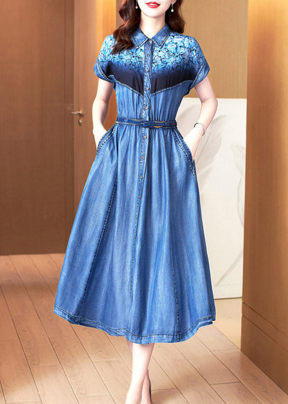 Blue Peter Pan Collar Print Patchwork Button Sashes Cotton Vacation Denim Long Dresses Summer
