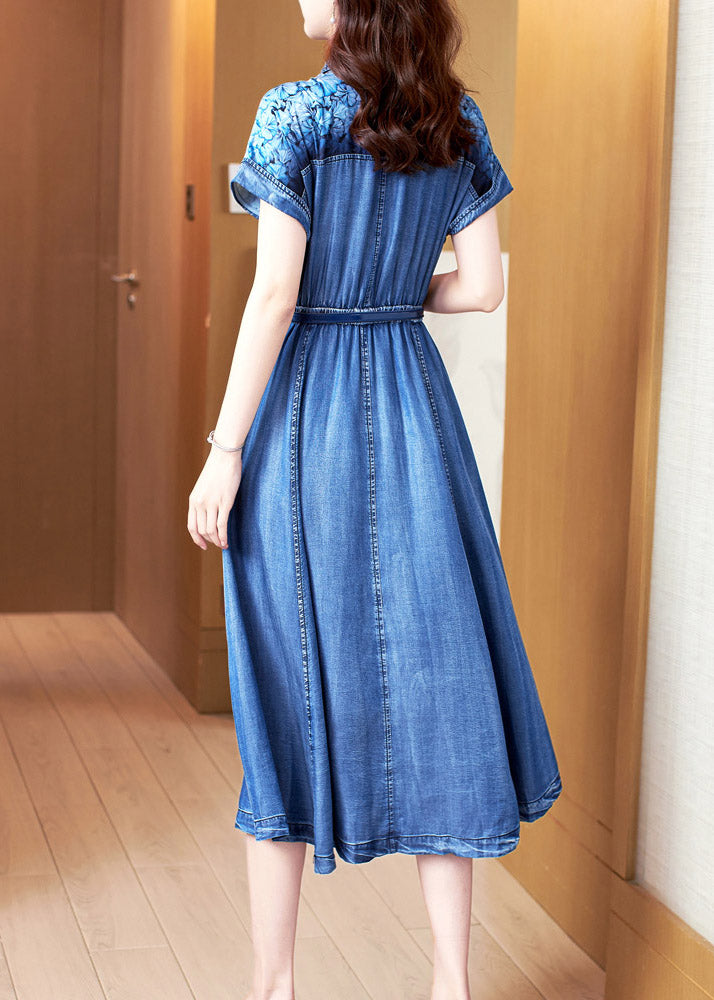 Blue Peter Pan Collar Print Patchwork Button Sashes Cotton Vacation Denim Long Dresses Summer