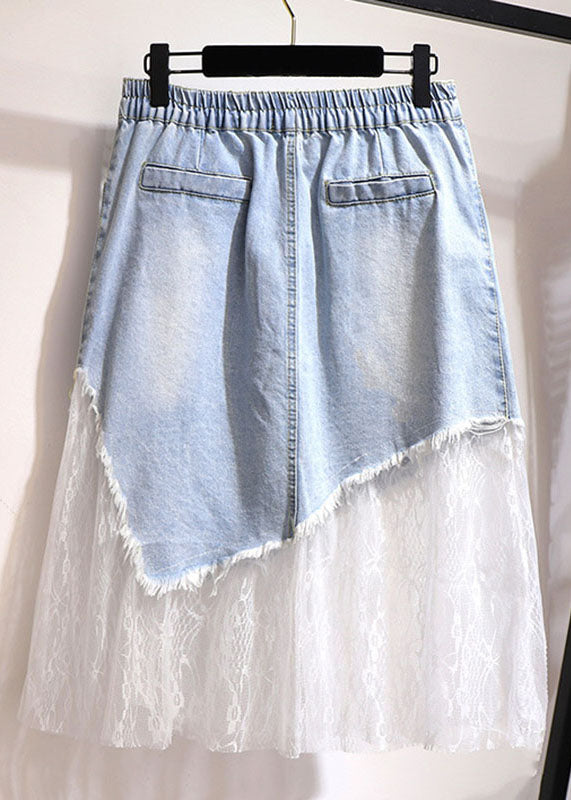 Blue Pockets Hole Tulle Patchwork Denim Skirt Summer