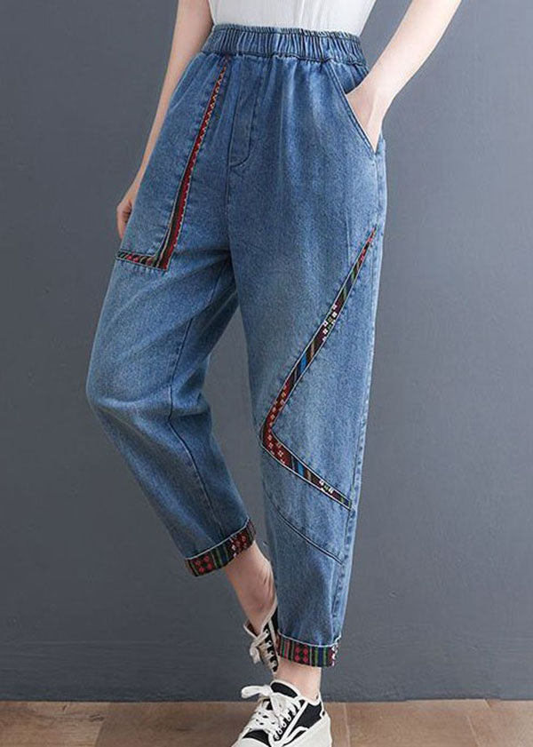 Blue Pockets Patchwork Denim Harem Pants Summer