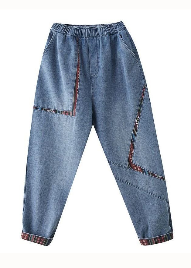 Blue Pockets Patchwork Denim Harem Pants Summer