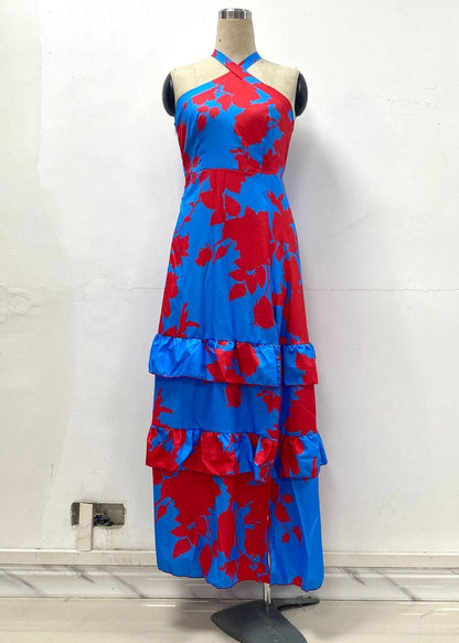Blue Print Side Open Cotton Ankle Dress Sleeveless