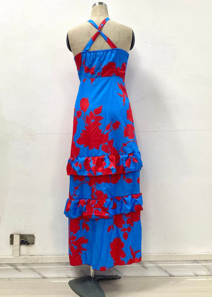 Blue Print Side Open Cotton Ankle Dress Sleeveless