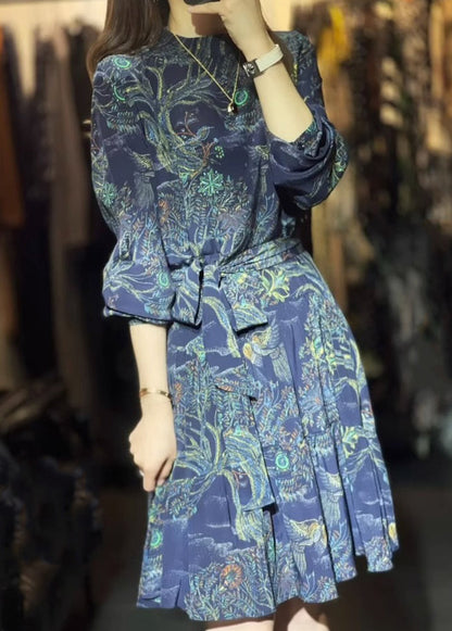 Blue Print Tie Waist Patchwork Cotton Mid Dress Summer
