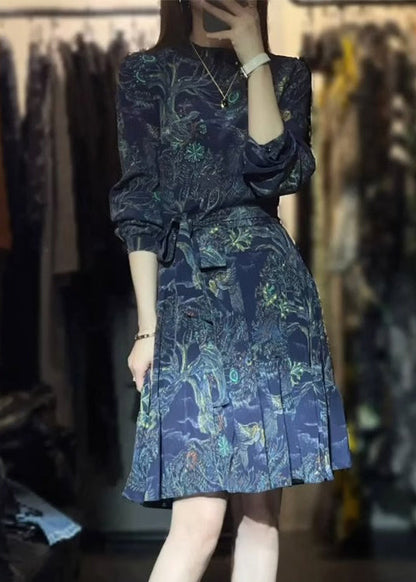 Blue Print Tie Waist Patchwork Cotton Mid Dress Summer