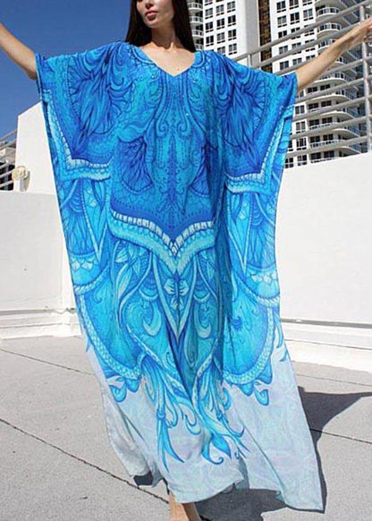 Blue Print Kimono Robe Maxi Dresses Cotton Dress