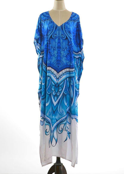 Blue Print Kimono Robe Maxi Dresses Cotton Dress
