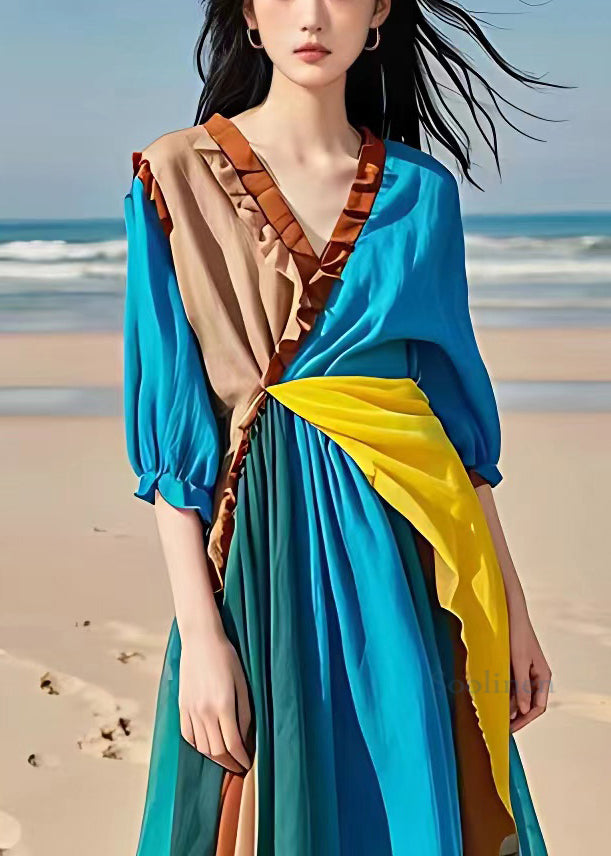 Blue Ruffled Patchwork Cotton Long Dresses Half Sleeve