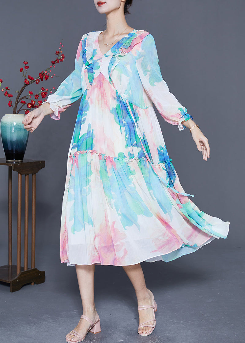 Blue Ruffled Patchwork Print Chiffon Holiday Dresses Summer