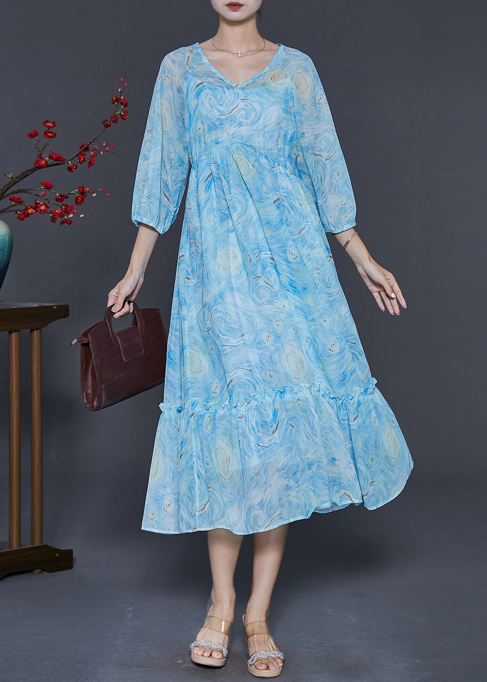Blue Ruffled Print Chiffon Maxi Dresses Bracelet Sleeve