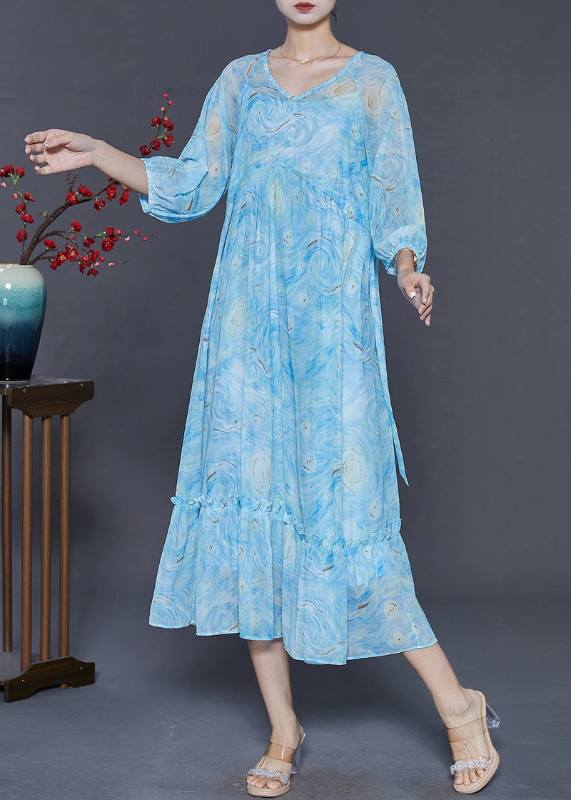 Blue Ruffled Print Chiffon Maxi Dresses Bracelet Sleeve