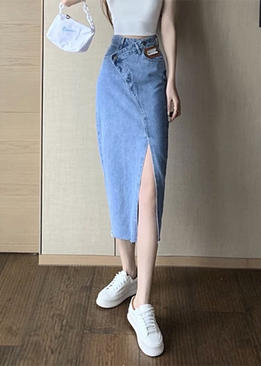 Blue Side Open Asymmetrical Patchwork Denim Maxi Skirts Summer