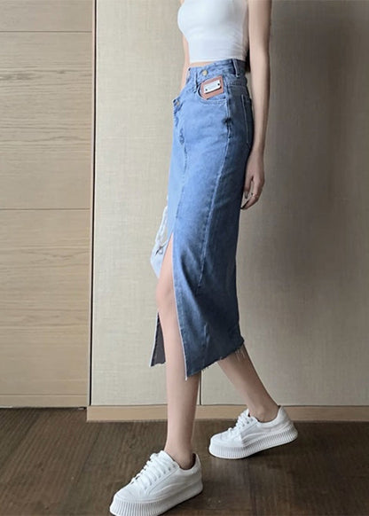 Blue Side Open Asymmetrical Patchwork Denim Maxi Skirts Summer