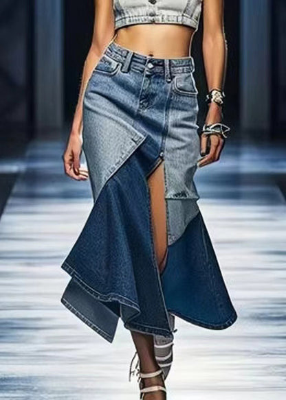 Blue Side Open Patchwork Denim Skirt Summer