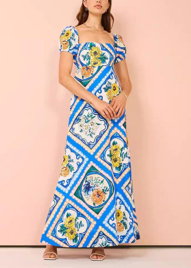 Blue Square Collar Print Long Dress Short Sleeve