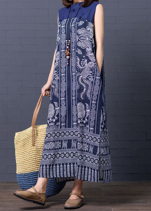 Blue Stand Collar Print Patchwork Cotton Summer Dress Sleeveless