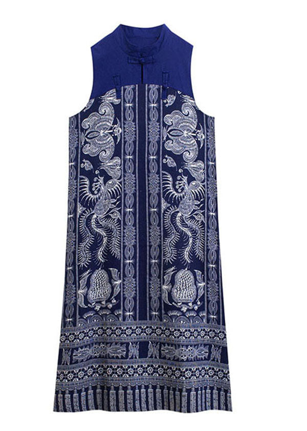 Blue Stand Collar Print Patchwork Cotton Summer Dress Sleeveless