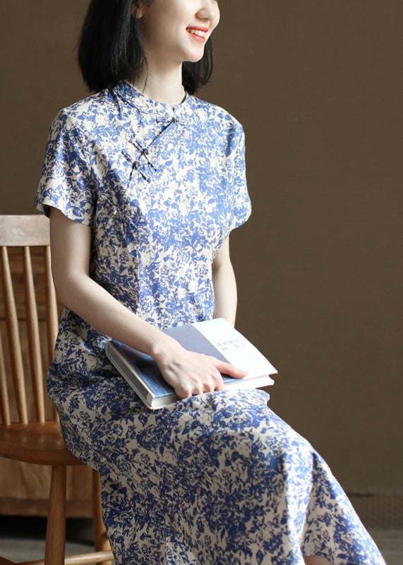 Blue Stand Collar Print Side Open Cotton Long Dress Short Sleeve