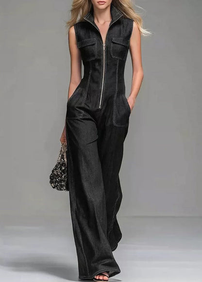 Blue Stand Collar Zip Up Denim Jumpsuits Sleeveless