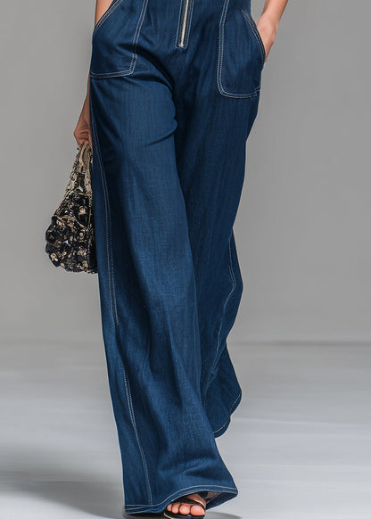 Blue Stand Collar Zip Up Denim Jumpsuits Sleeveless