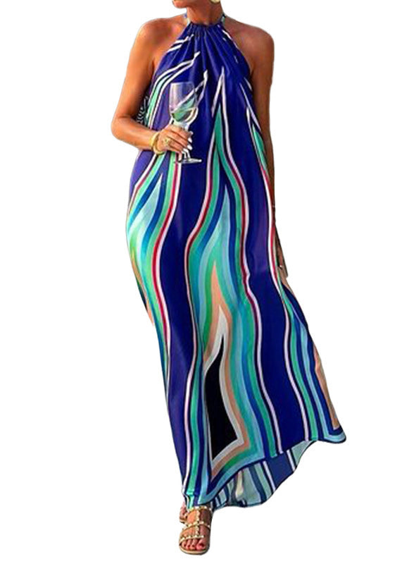 Blue Striped Print Cotton Long Dresses Sleeveless