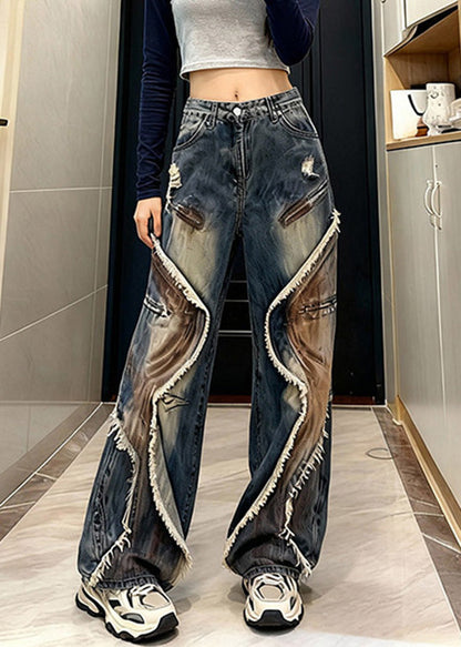 Blue Tasseled Pockets Patchwork Denim Wide Leg Pants Spring