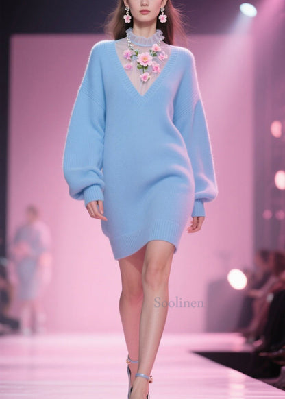Blue Tulle Patchwork Knit Mid Dress Fall