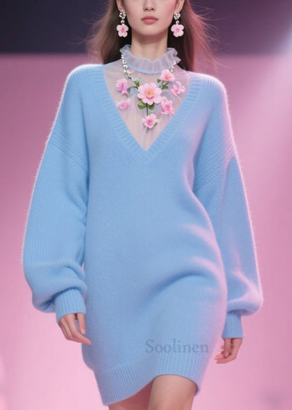 Blue Tulle Patchwork Knit Mid Dress Fall