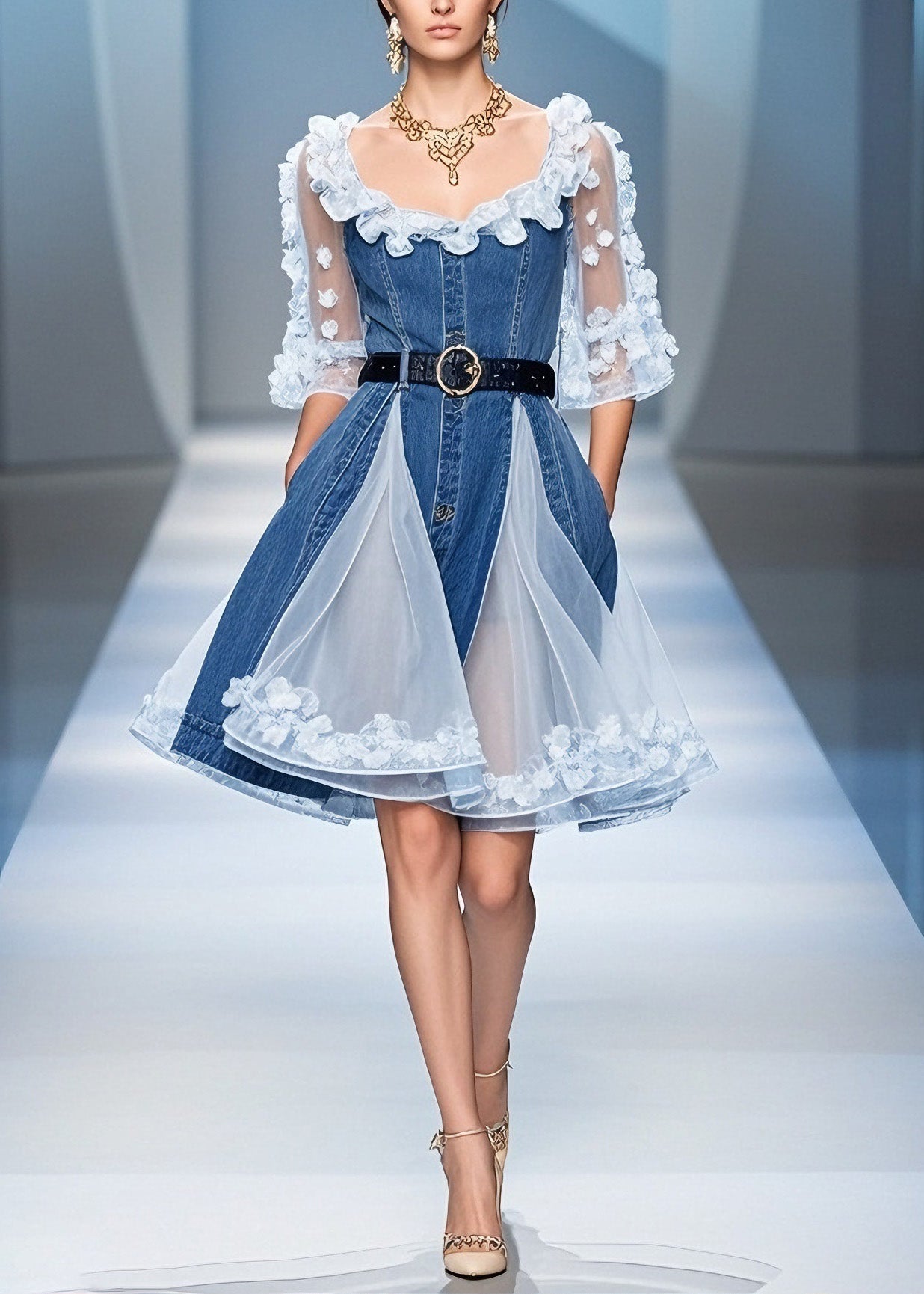 Blue Tulle Ruffled Denim Mid Dress Summer