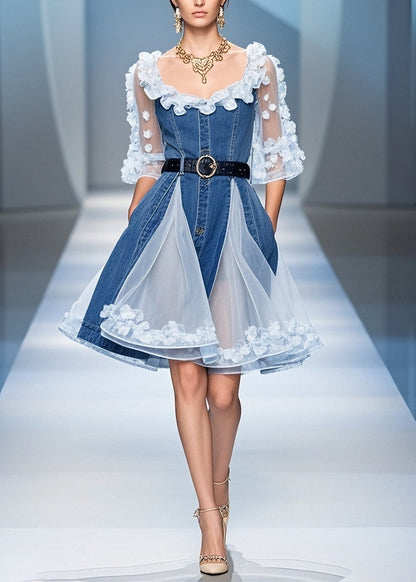 Blue Tulle Ruffled Denim Mid Dress Summer