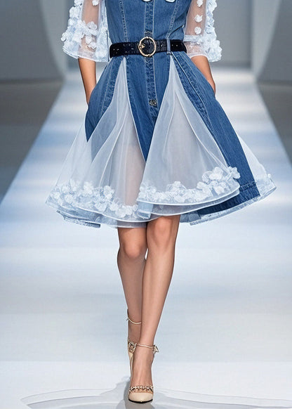 Blue Tulle Ruffled Denim Mid Dress Summer