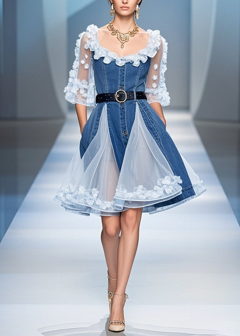 Blue Tulle Ruffled Denim Mid Dress Summer