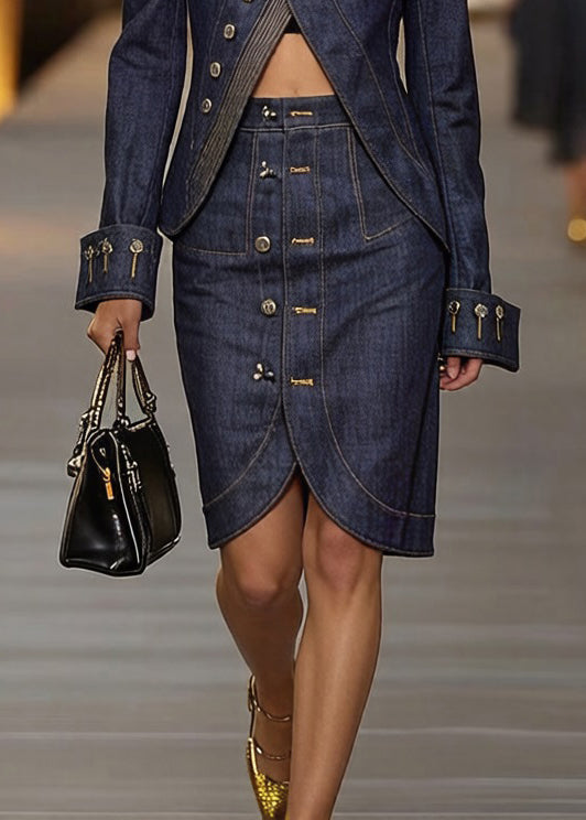 Blue Turtleneck Asymmetrical Patchwork Denim Coats and Skirts Two Pieces Set Spring