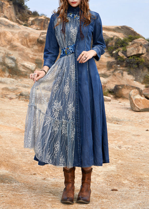 Blue Turtleneck Asymmetrical Tulle Patchwork Long Denim Dress Spring