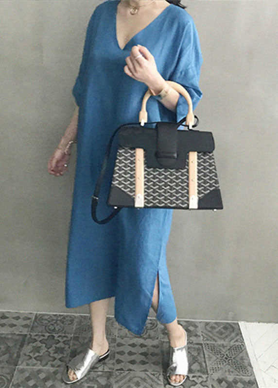 Blue V Neck Patchwork Side Open Linen Maxi Dress Summer