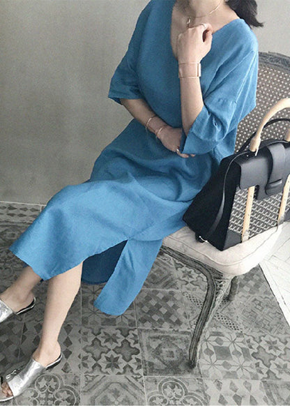 Blue V Neck Patchwork Side Open Linen Maxi Dress Summer