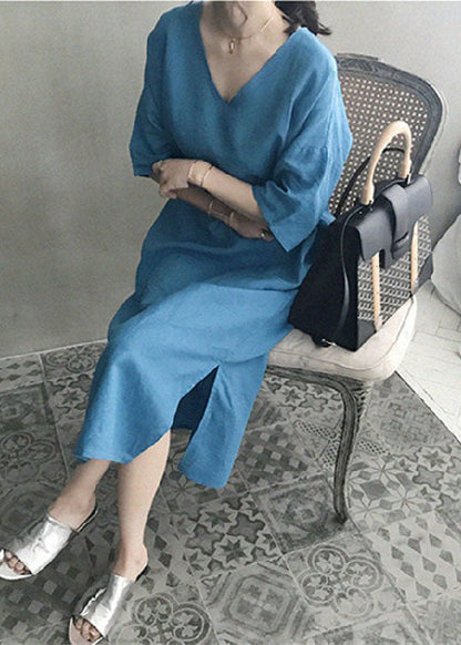 Blue V Neck Patchwork Side Open Linen Maxi Dress Summer