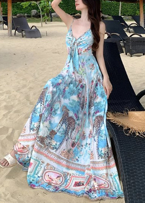 Blue V Neck Print Cotton Spaghetti Strap Dress Sleeveless