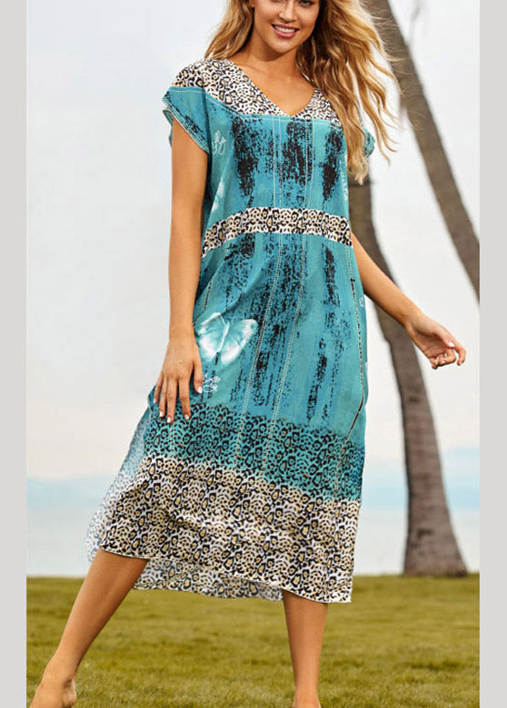Blue V Neck Print Side Open Maxi Beach Dresses Summer