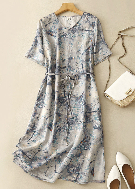 Blue V Neck Print Tie Waist Cotton Dresses Summer
