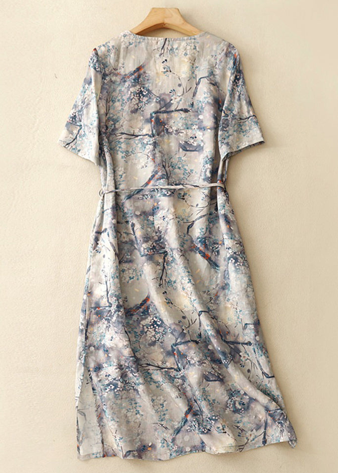 Blue V Neck Print Tie Waist Cotton Dresses Summer