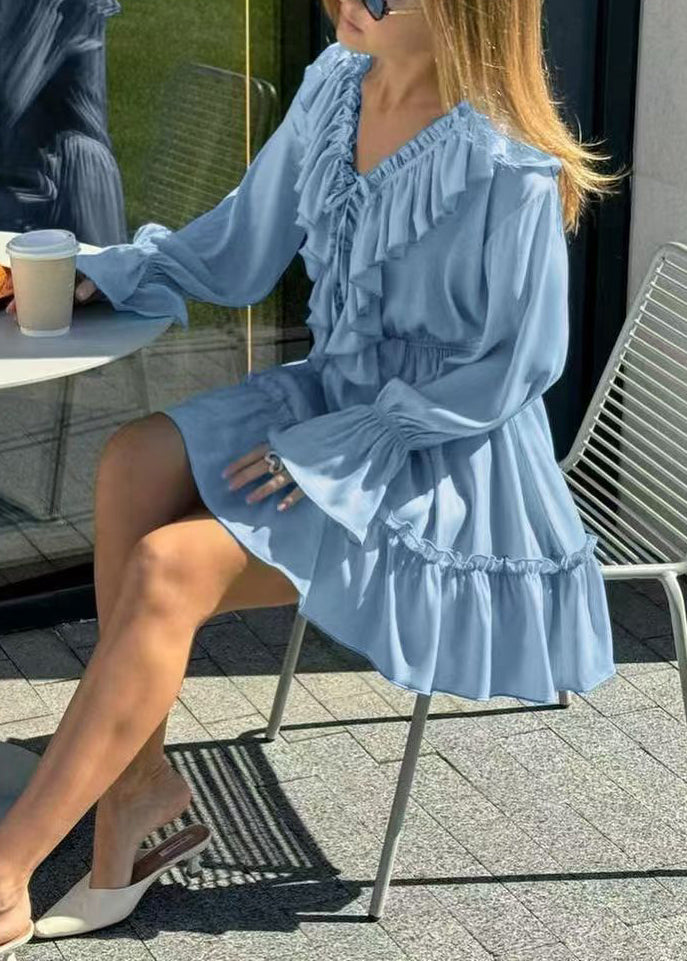 Blue V Neck Ruffled Cotton Mid Dress Flare Sleeve