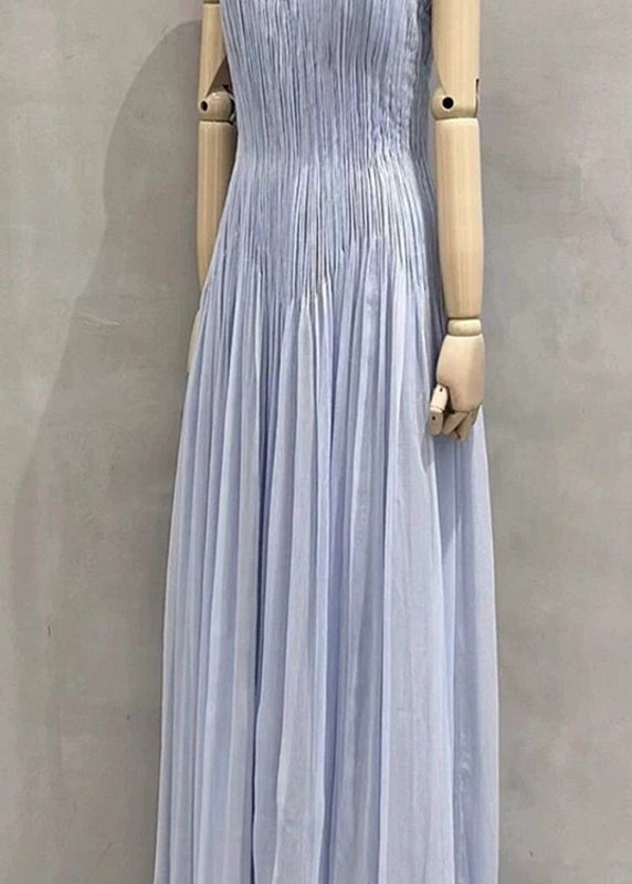 Blue V Neck Wrinkled Cotton Spaghetti Strap Dress Summer